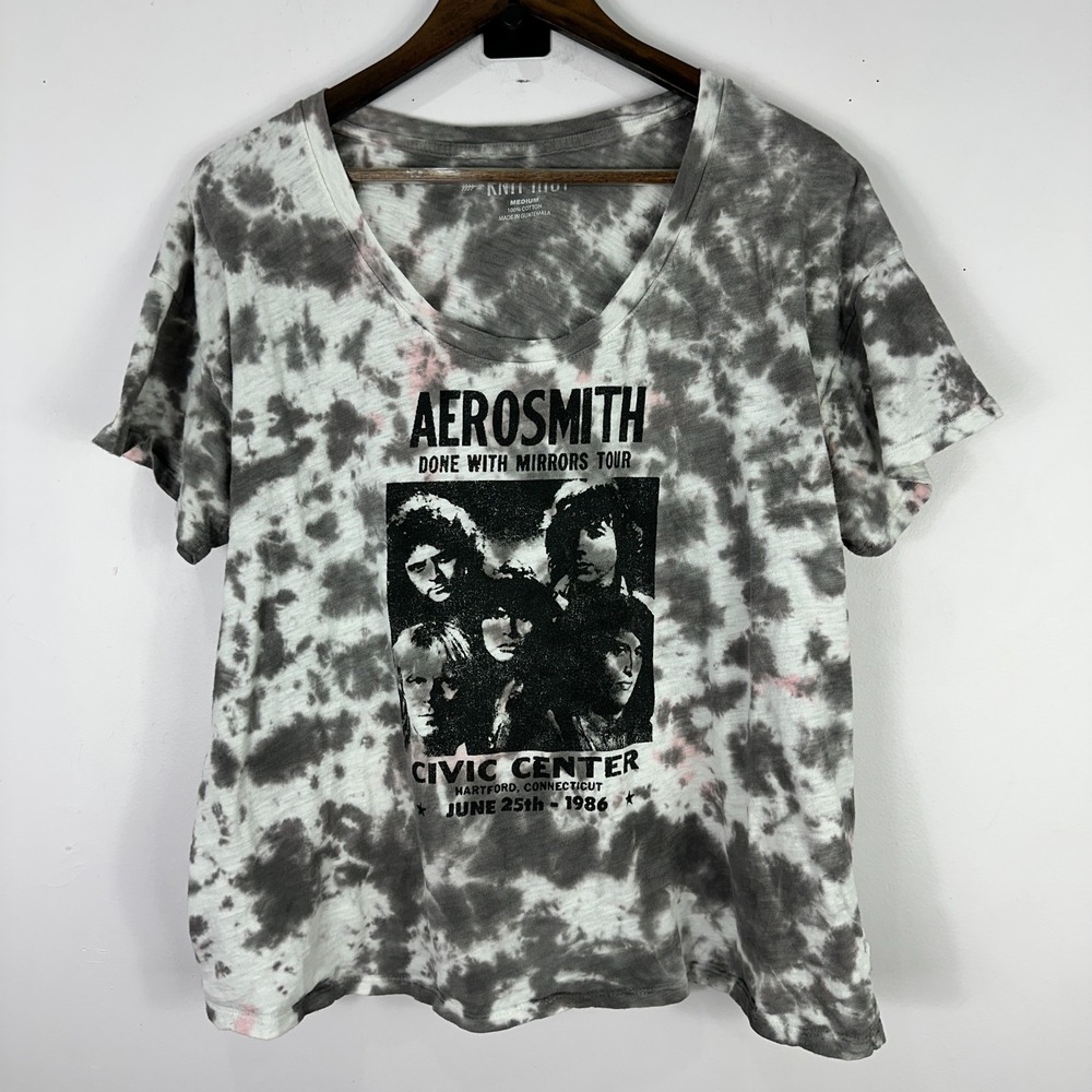 Knit Riot Aerosmith Graphic Tee Womens Medium Gray Tie Dye Rock Band Tour Shirt